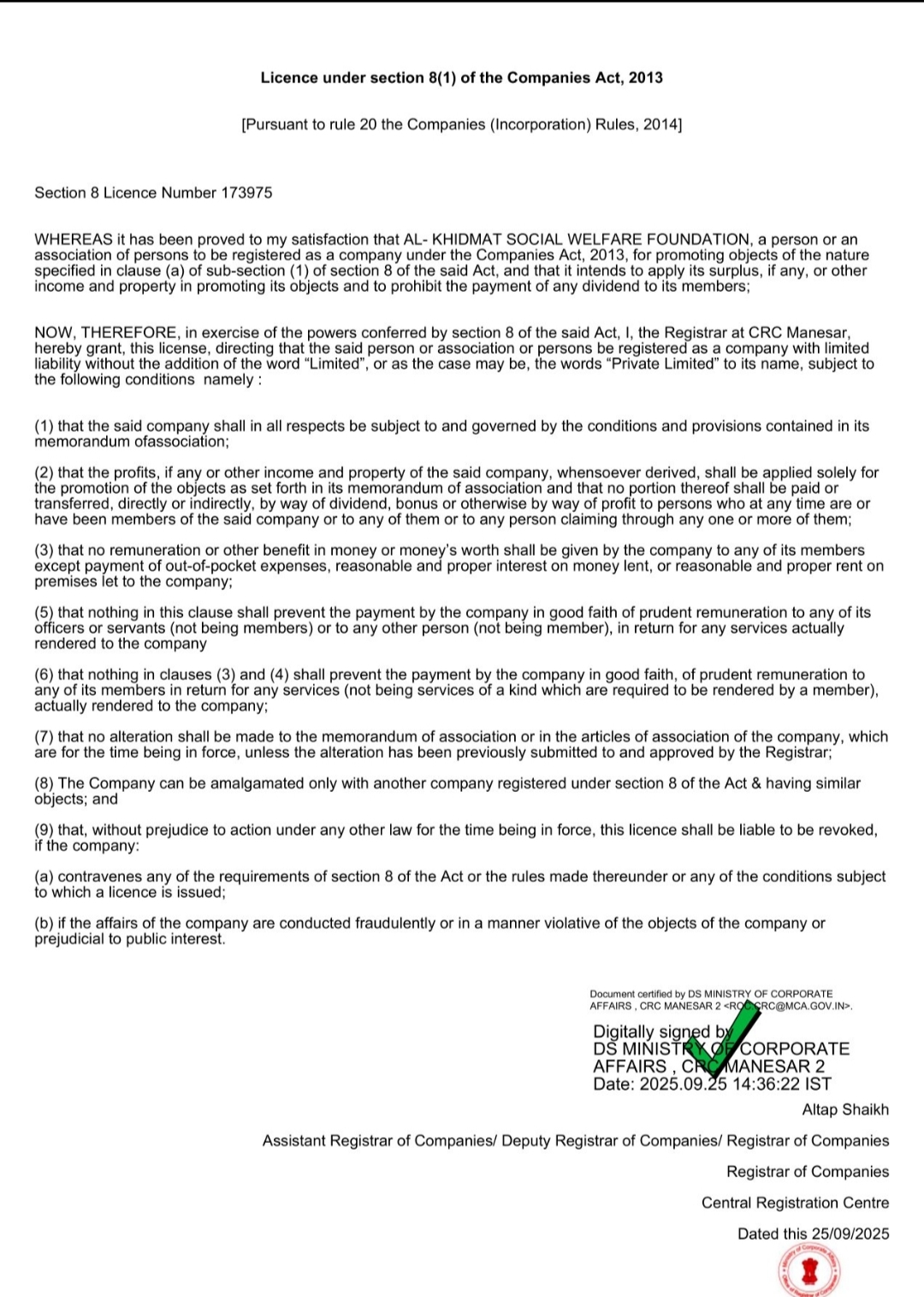 Licence under section 8